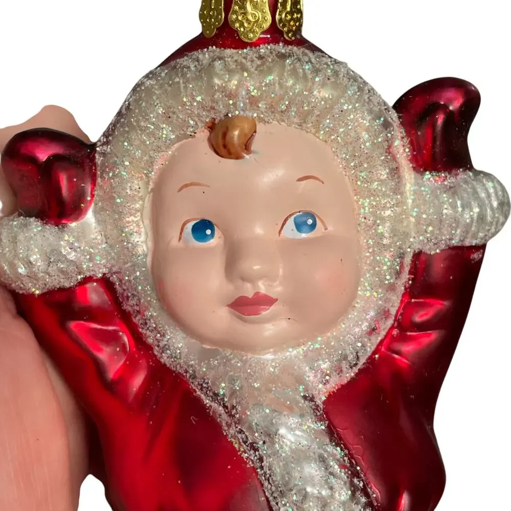 Jump For Joy Mercury Glass Christmas Ornament Child in Santa Suit Vtg Brass Key